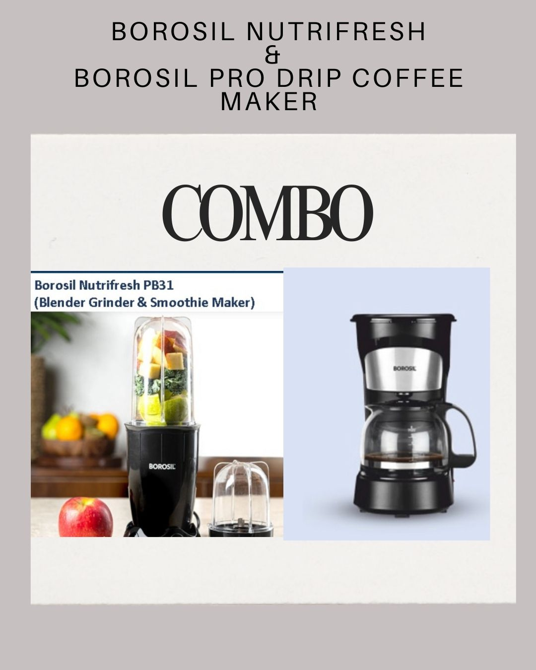 Borosil Kitchen Essentials Combo | Brew Pro Drip Coffee Maker (600ml) + NutriFresh PB31 Mini Blender & Grinder